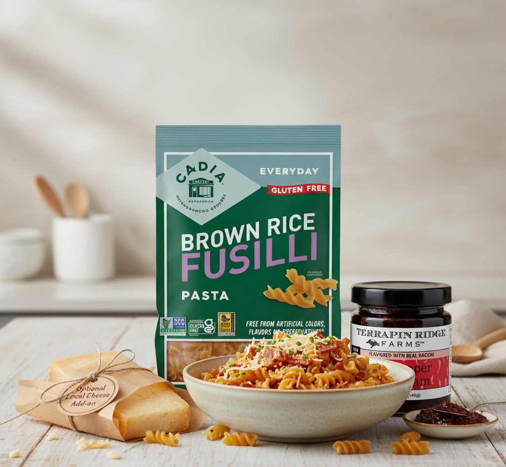 Cadia Brown Rice Fusilli pasta package with a bowl of pasta and a jar of Terrapin Ridge Farms on a wooden table.